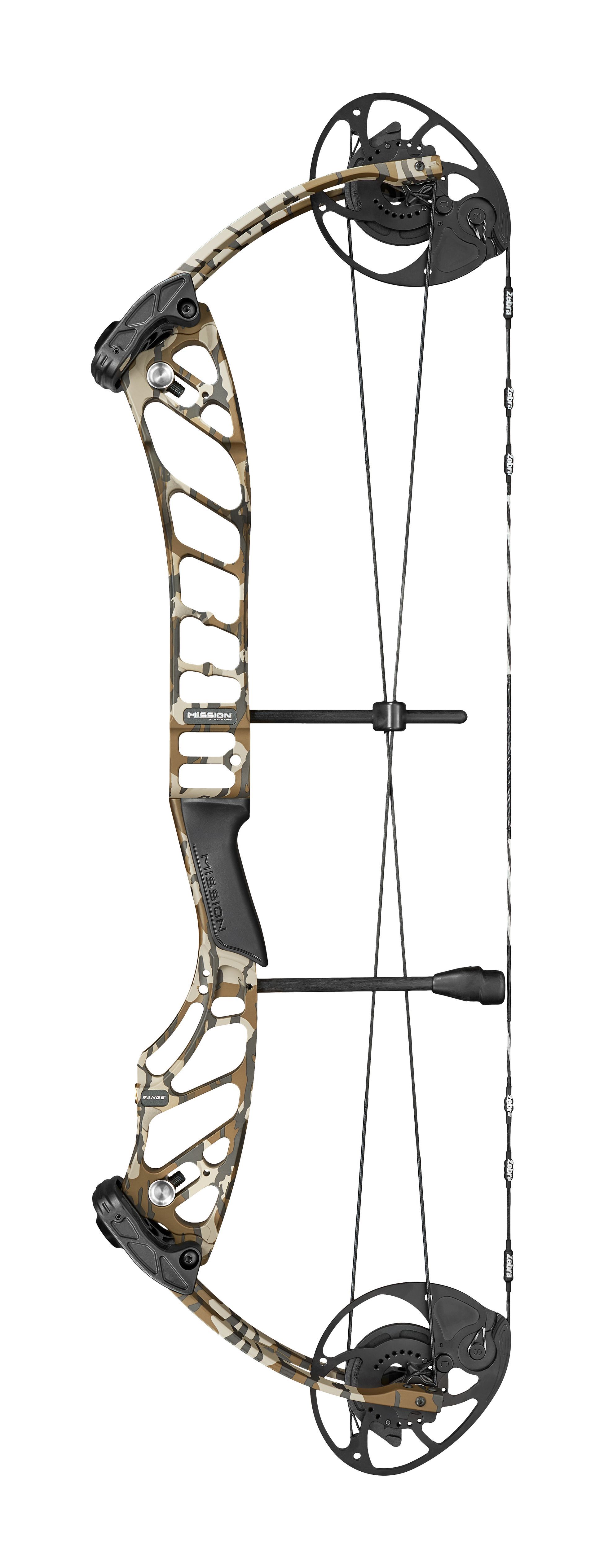 Compound bow with camouflage pattern and black accents.