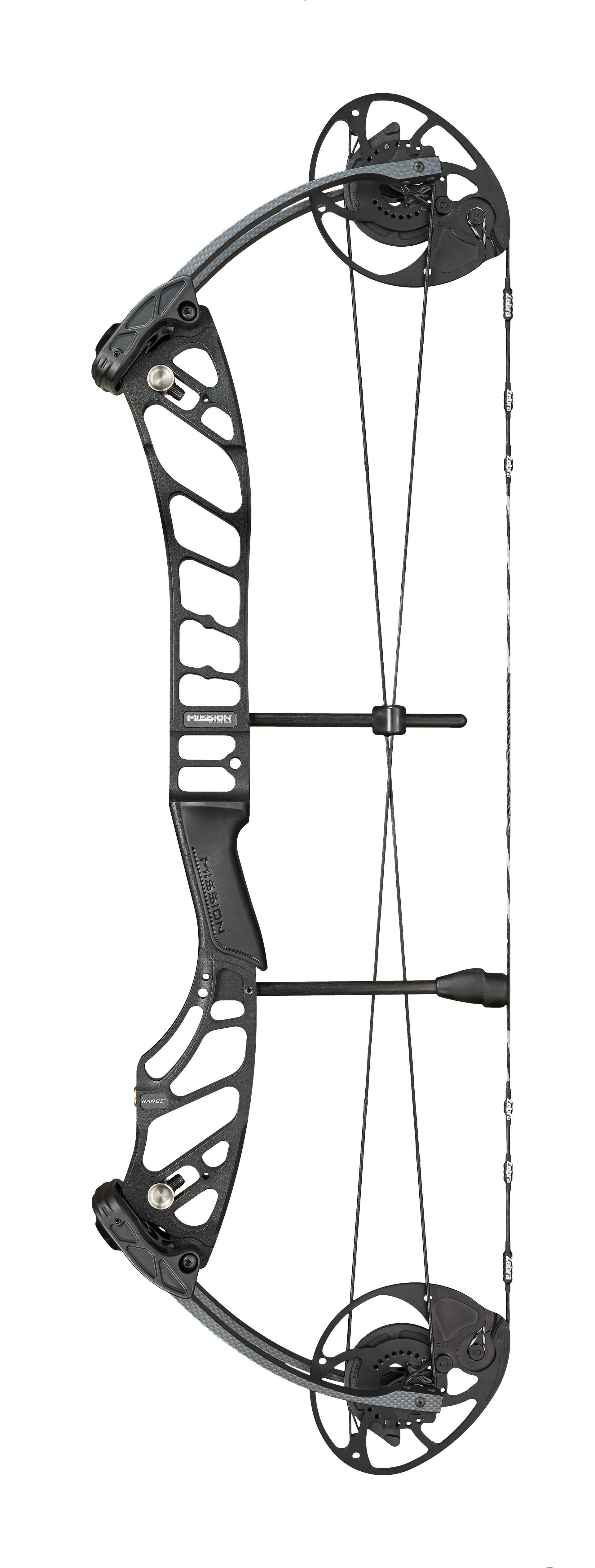 Compound bow, black with a visible arrow rest, string, and cams.