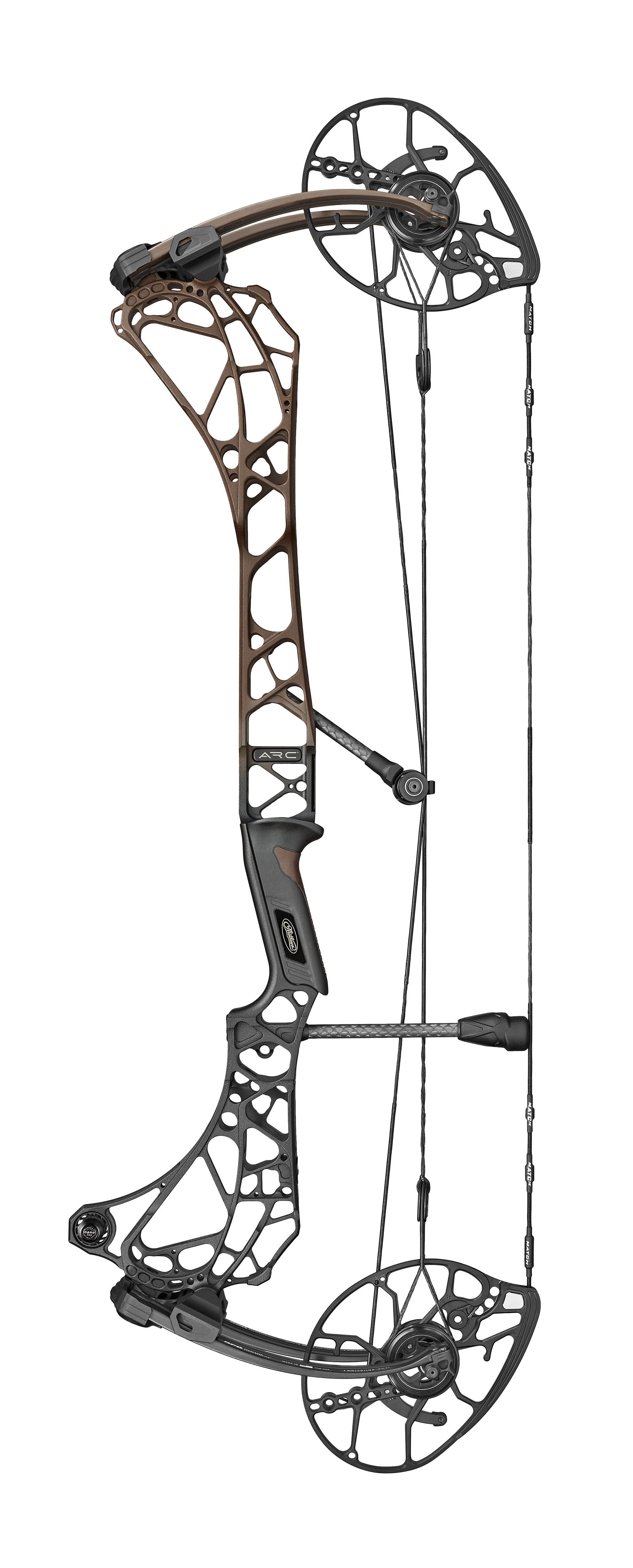 Compound bow, dark color, with string and pulleys.