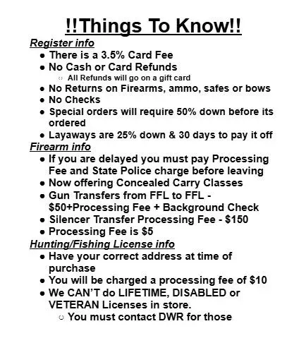 Text on a document with store policies on fees, refunds, firearms, and licenses.