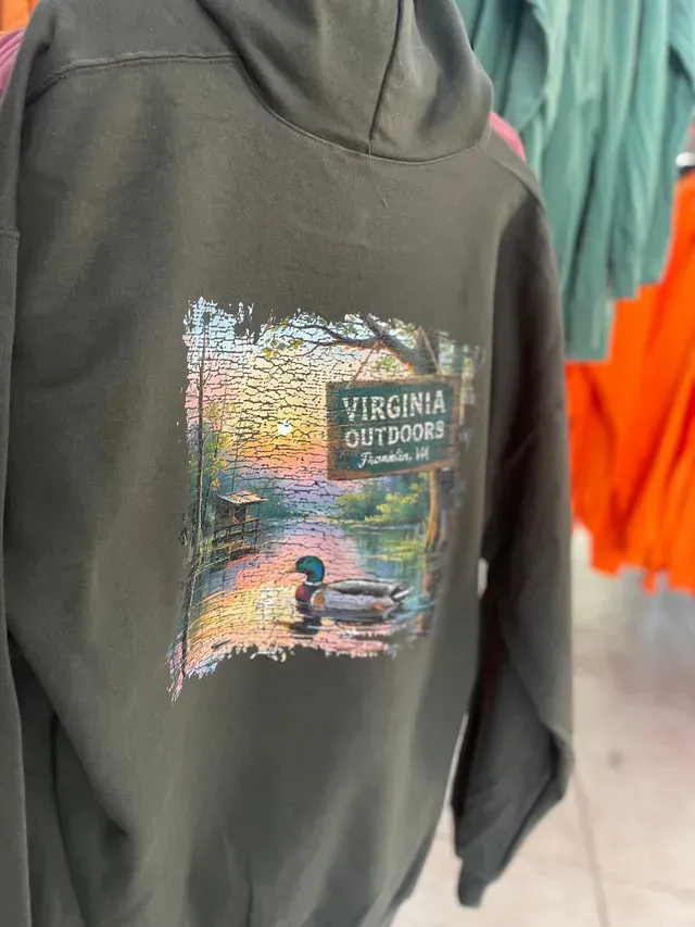 Dark green hoodie with colorful Virginia Outdoors scenic graphic on the back.