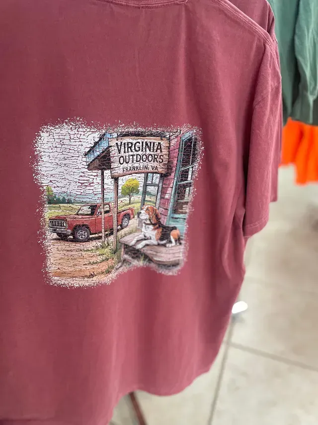Maroon T-shirt with a small vintage-style Virginia sign and store scene print on the back
