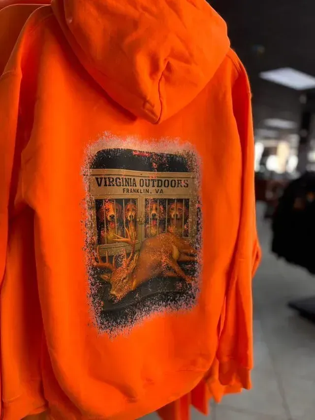 Orange hoodie with a Virginia Outdoors graphic printed on the front.