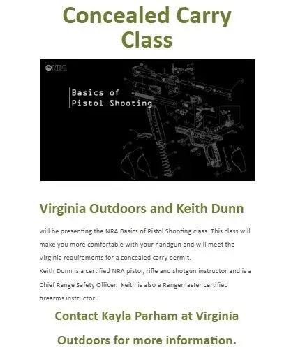 Concealed Carry Class poster with handgun graphic and Virginia Outdoors contact information
