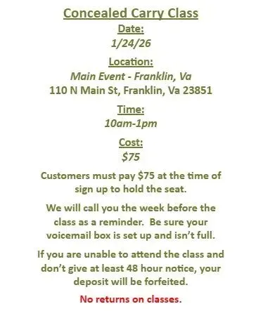 Concealed carry class flyer with date, location, time, cost, and registration instructions.