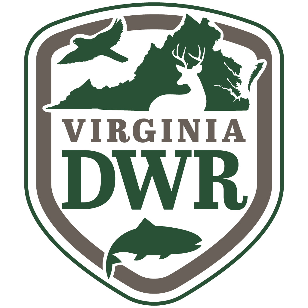 Virginia DWR logo with deer, bird, fish, and turtle in green and gray shield