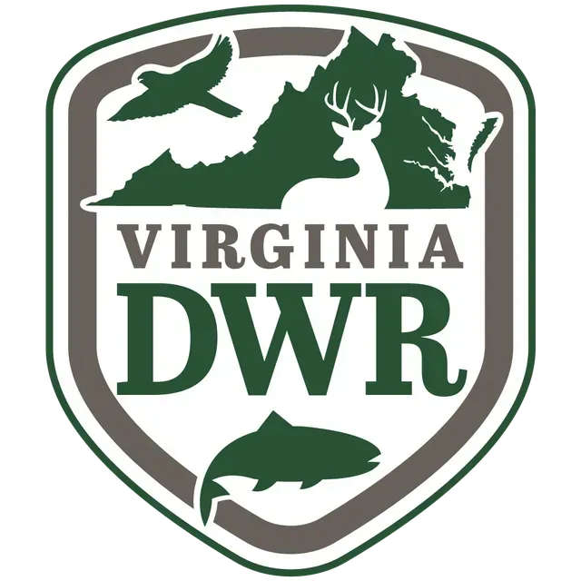 Virginia DWR shield logo with green deer, fish, bird, and outline of Virginia