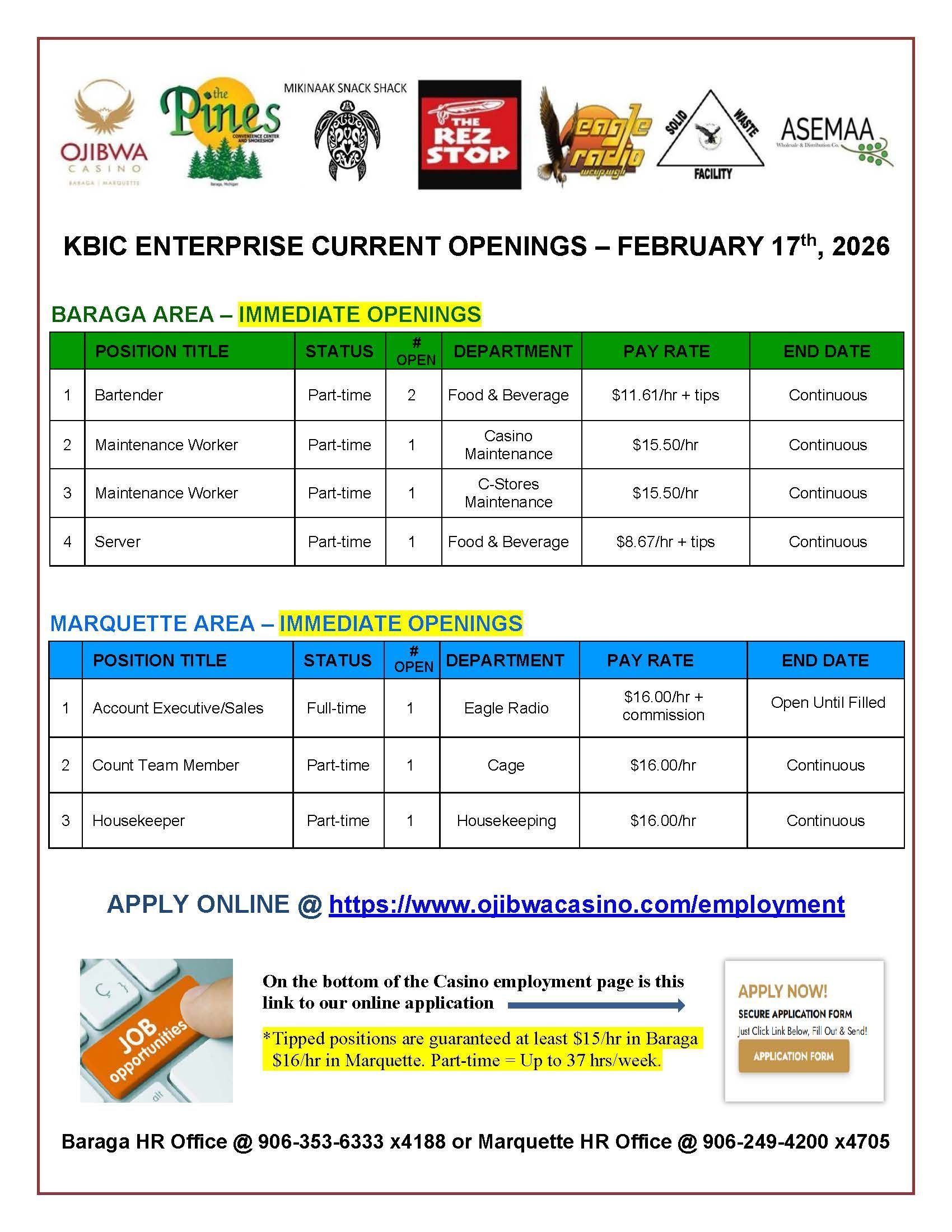 Job openings flyer for KBIC Enterprise, August 27, 2023. Lists open positions, details, and application information.