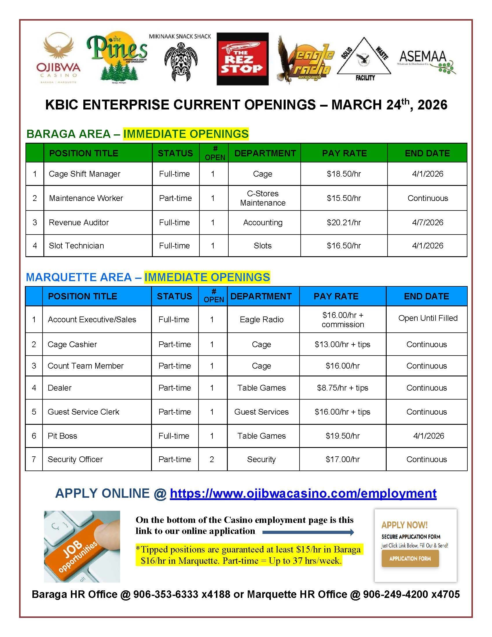 Job openings flyer for KBIC Enterprise, August 27, 2023. Lists open positions, details, and application information.