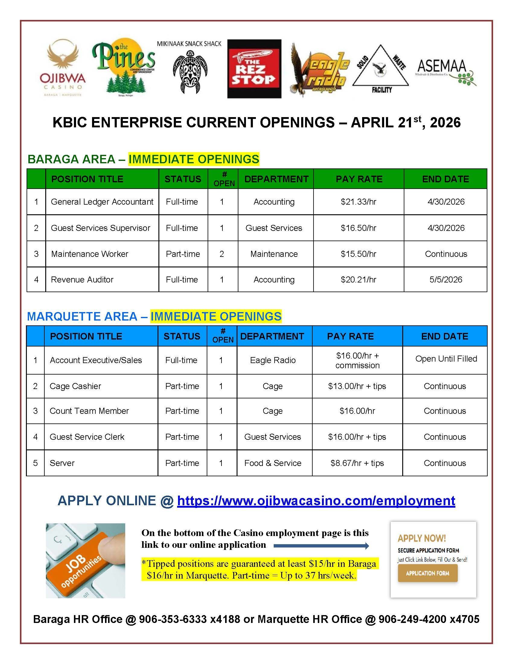Job openings flyer for KBIC Enterprise, August 27, 2023. Lists open positions, details, and application information.