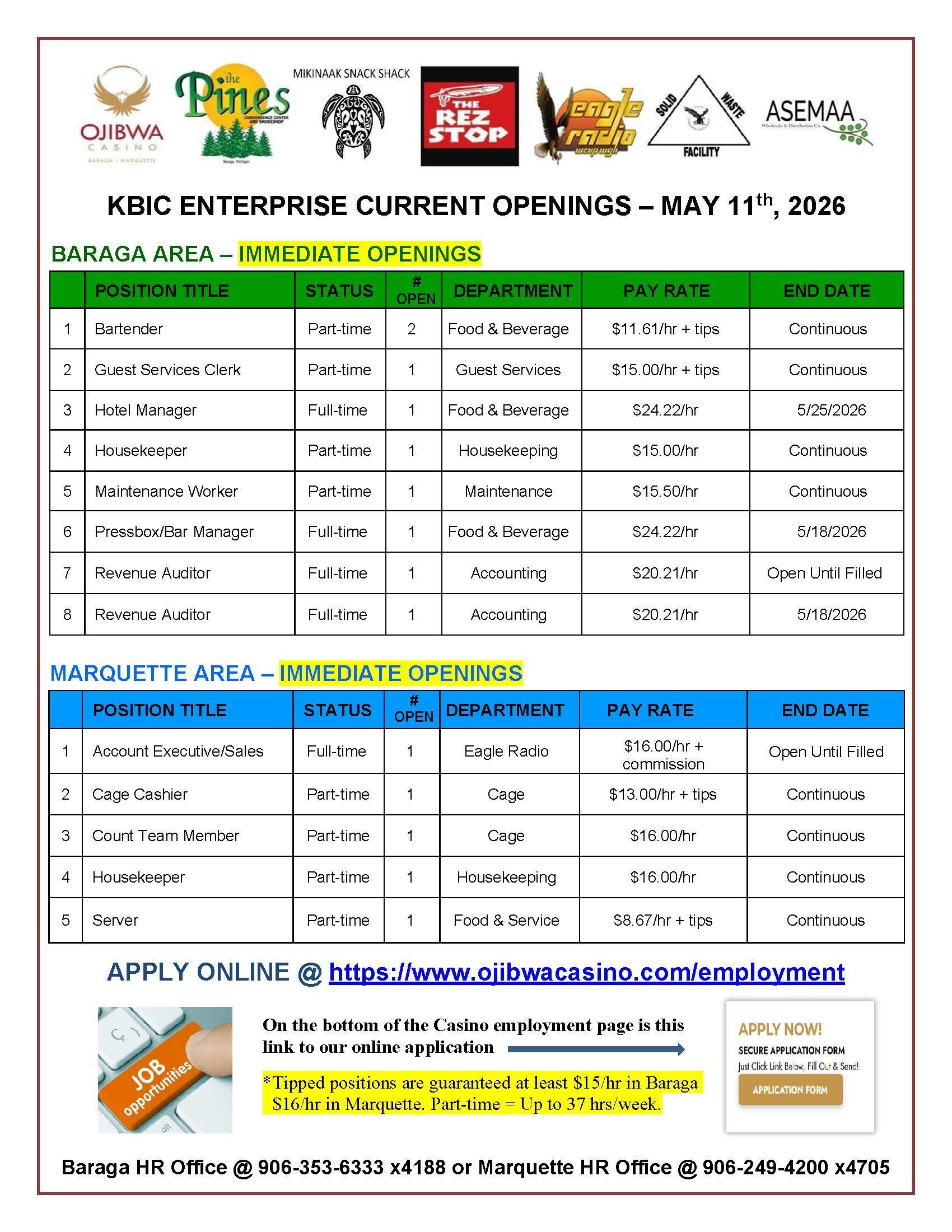 Job openings flyer for KBIC Enterprise, August 27, 2023. Lists open positions, details, and application information.
