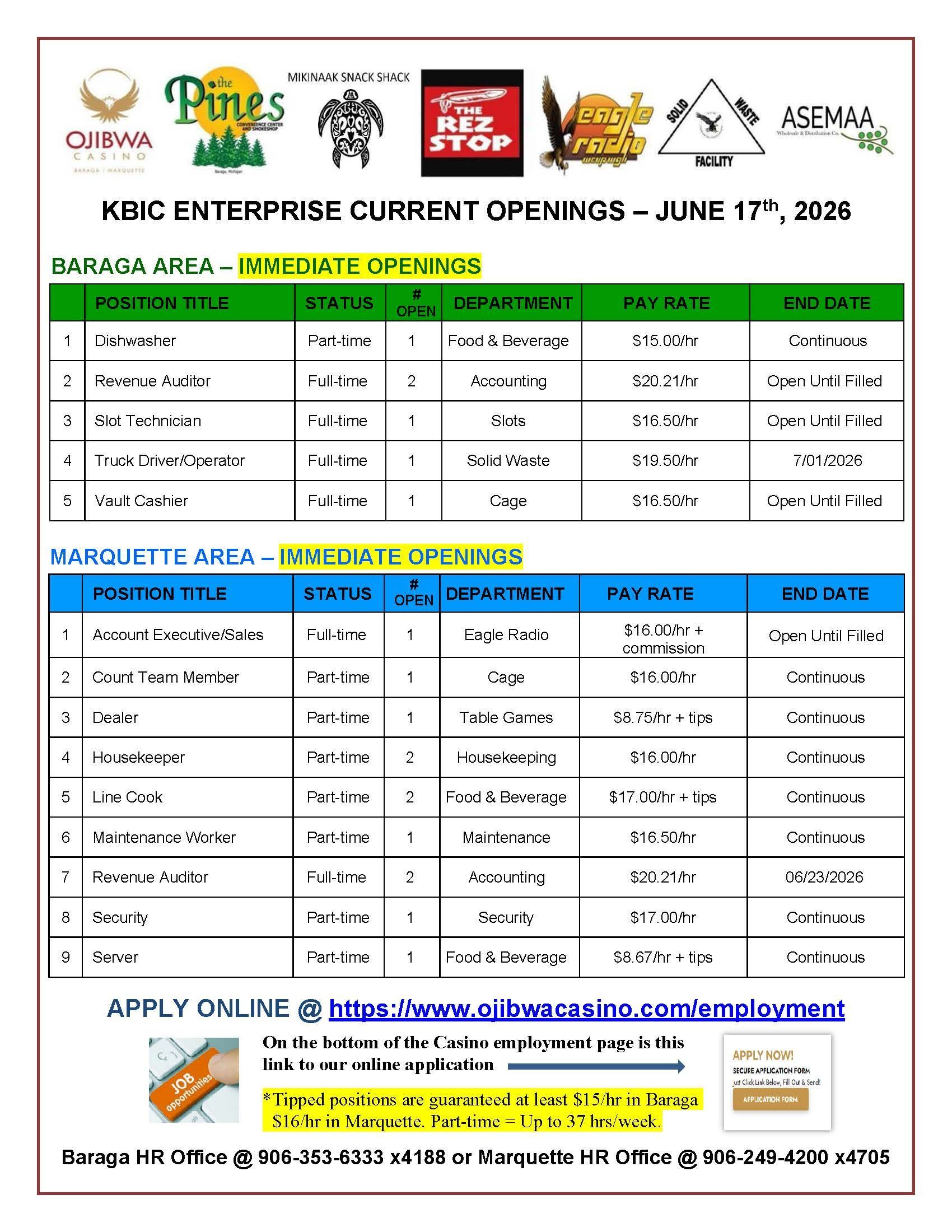 Job openings flyer for KBIC Enterprise, August 27, 2023. Lists open positions, details, and application information.