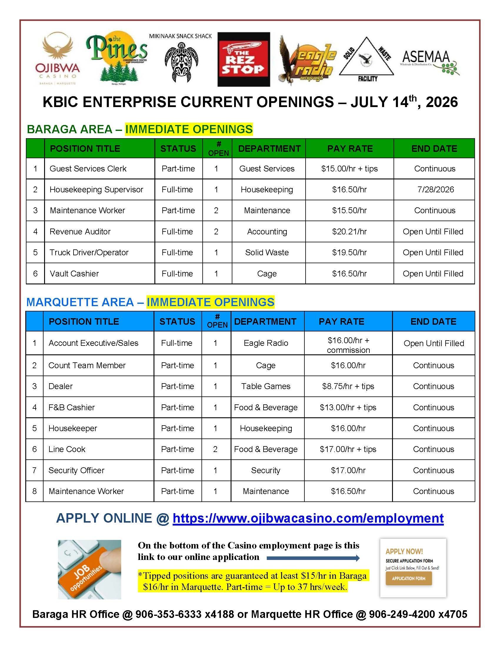 Job openings flyer for KBIC Enterprise, August 27, 2023. Lists open positions, details, and application information.