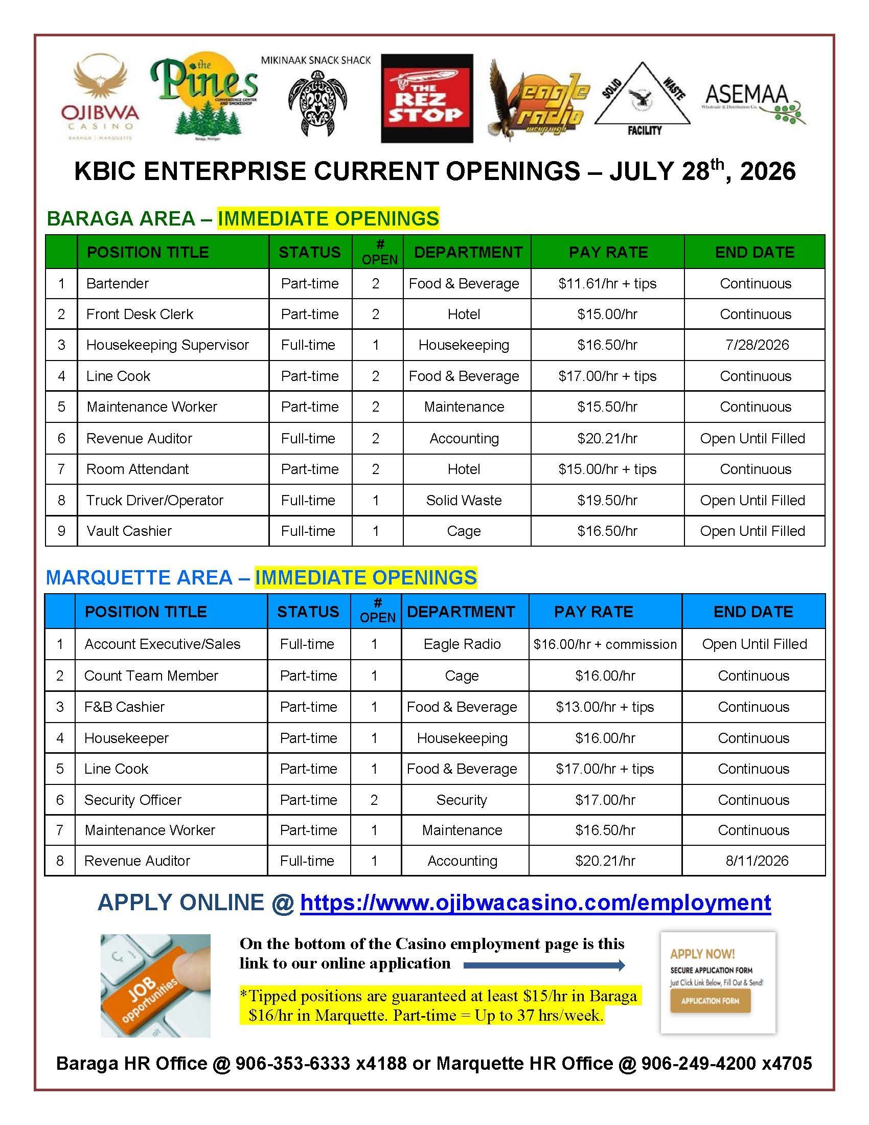 Job openings flyer for KBIC Enterprise, August 27, 2023. Lists open positions, details, and application information.