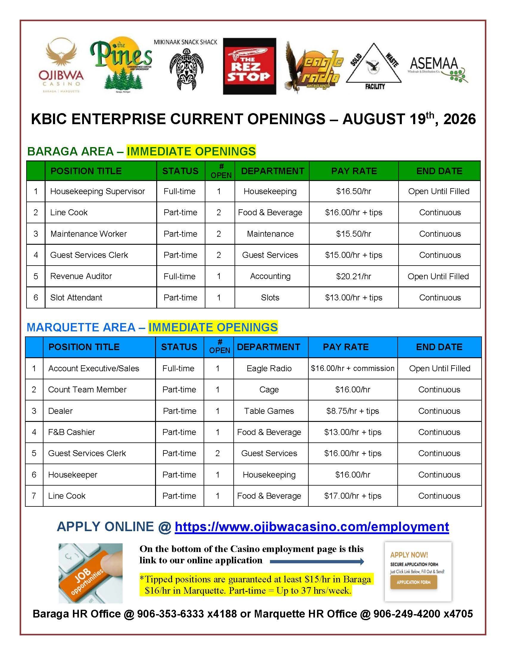 Job openings flyer for KBIC Enterprise, August 27, 2023. Lists open positions, details, and application information.