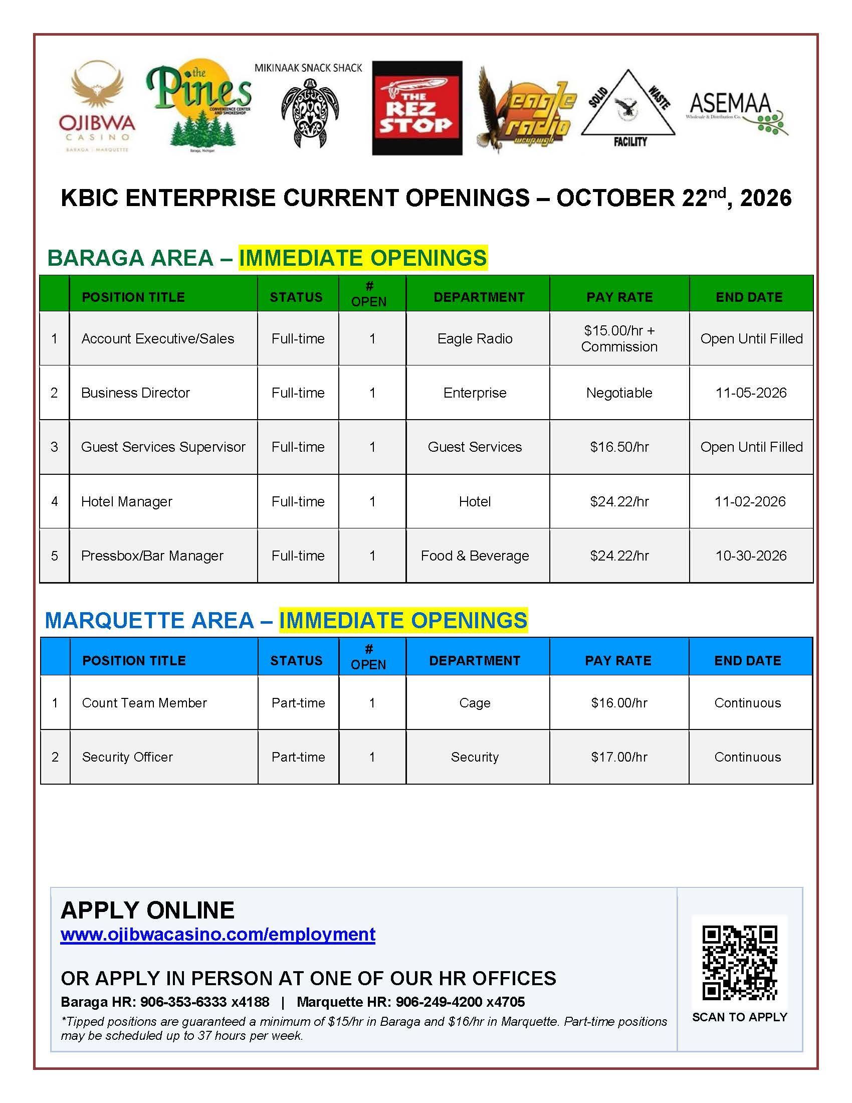 Job openings flyer for KBIC Enterprise, August 27, 2023. Lists open positions, details, and application information.