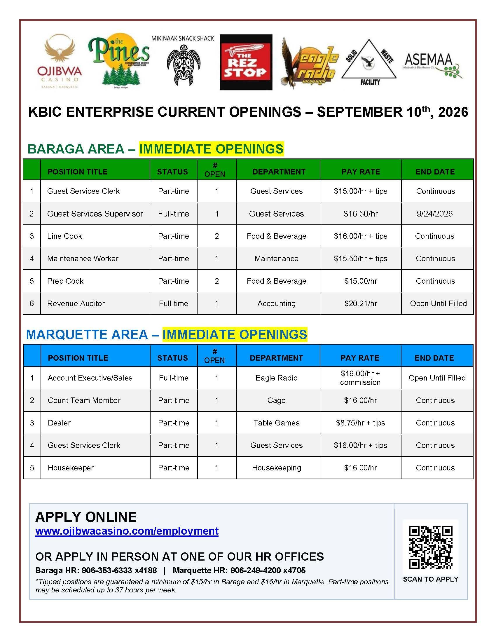 Job openings flyer for KBIC Enterprise, August 27, 2023. Lists open positions, details, and application information.