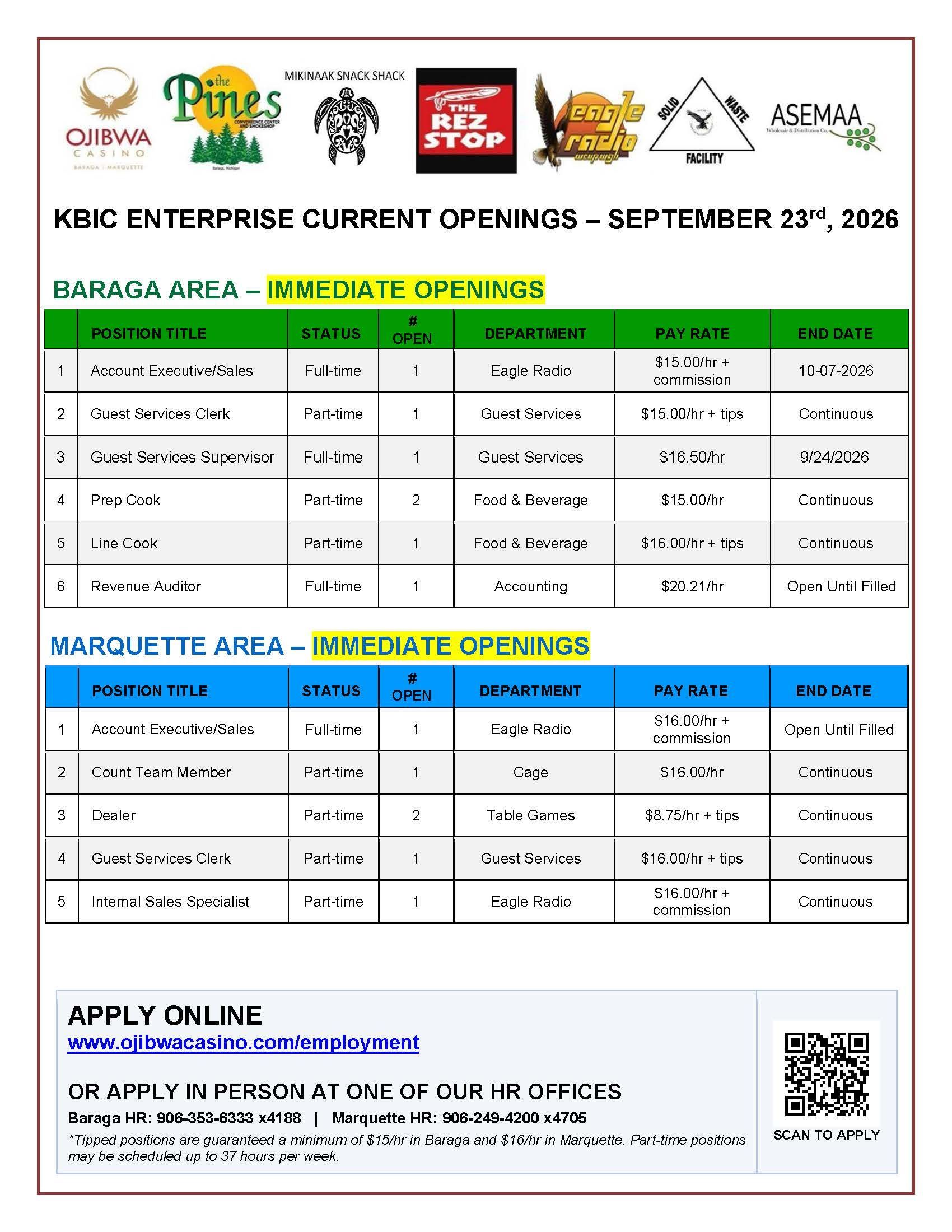 Job openings flyer for KBIC Enterprise, August 27, 2023. Lists open positions, details, and application information.