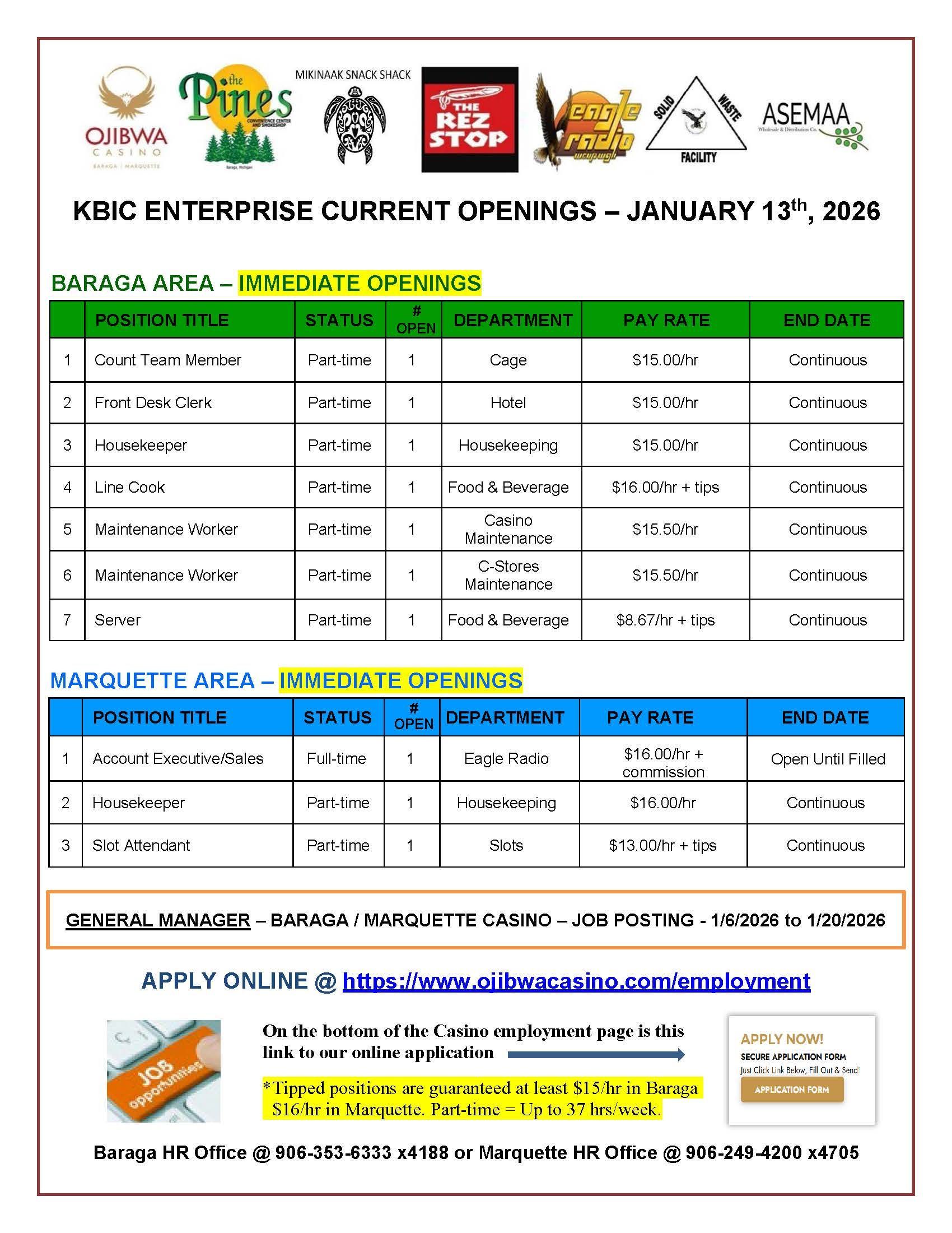Job openings flyer for KBIC Enterprise, August 27, 2023. Lists open positions, details, and application information.