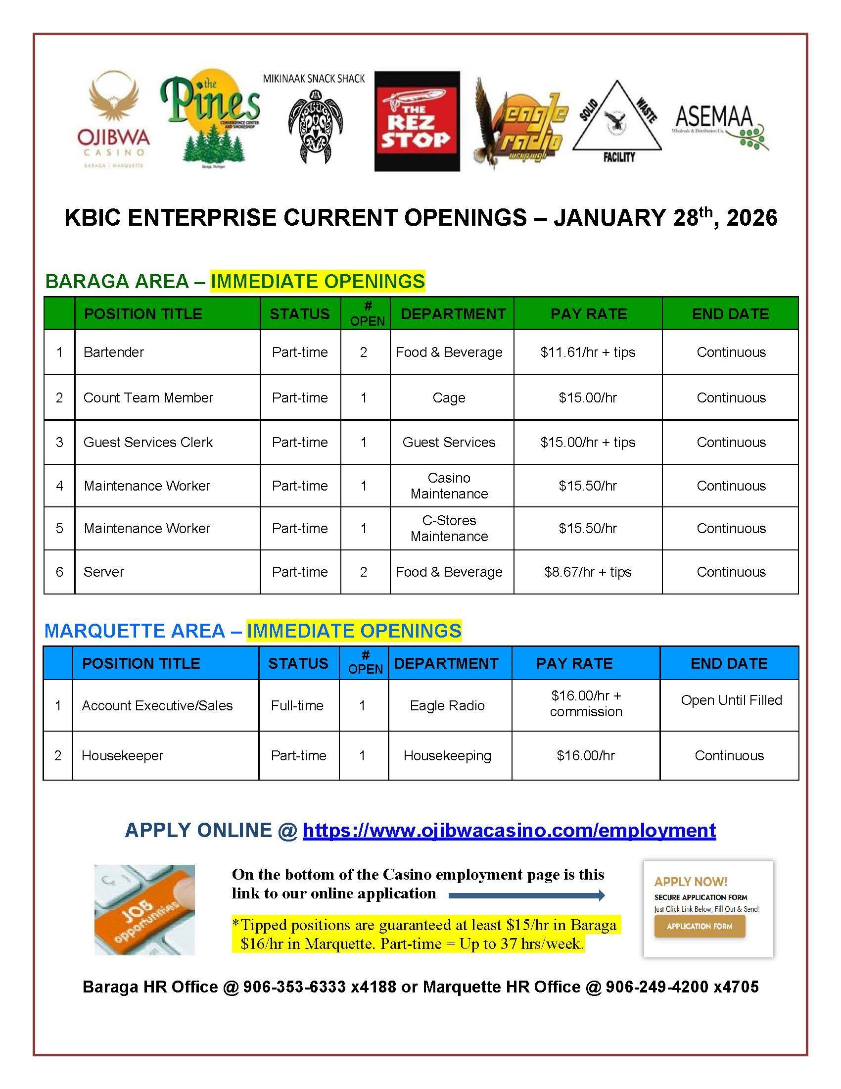Job openings flyer for KBIC Enterprise, August 27, 2023. Lists open positions, details, and application information.