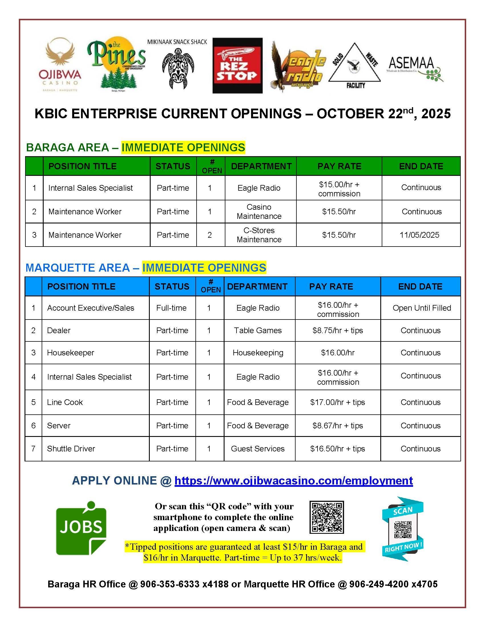 Job openings flyer for KBIC Enterprise, August 27, 2023. Lists open positions, details, and application information.