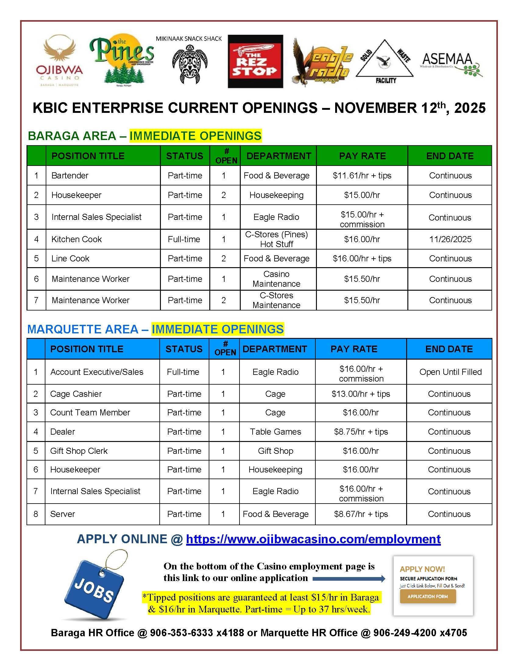 Job openings flyer for KBIC Enterprise, August 27, 2023. Lists open positions, details, and application information.