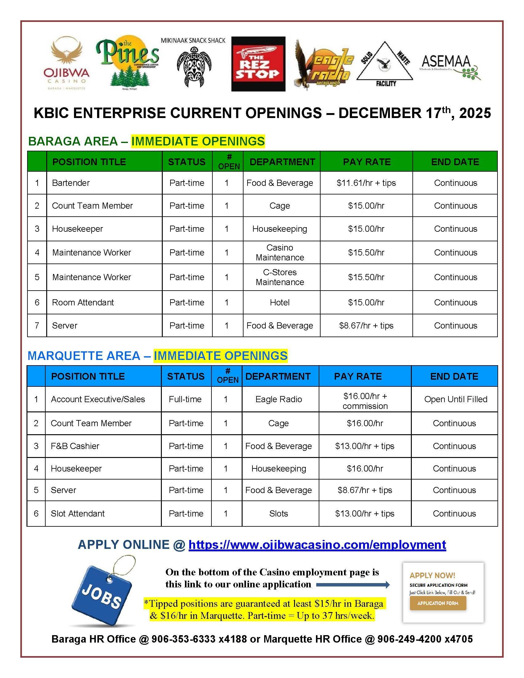 Job openings flyer for KBIC Enterprise, August 27, 2023. Lists open positions, details, and application information.