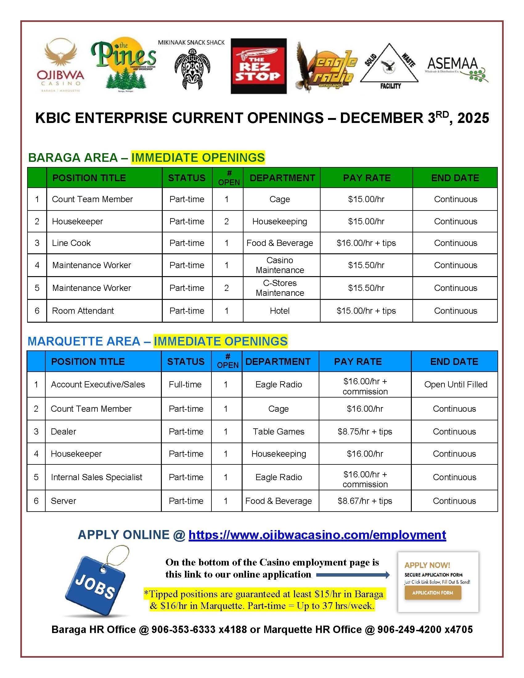 Job openings flyer for KBIC Enterprise, August 27, 2023. Lists open positions, details, and application information.