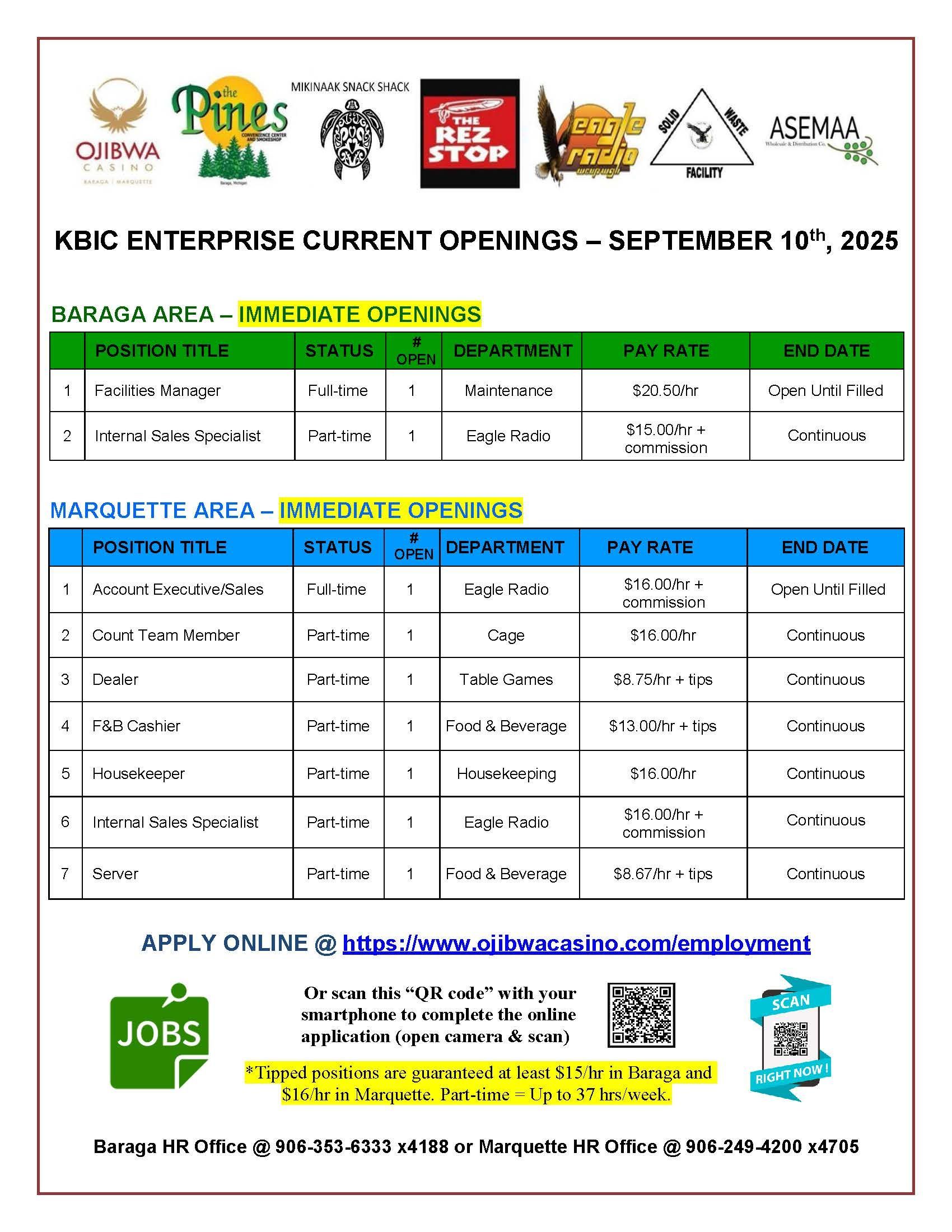 Job openings flyer for KBIC Enterprise, August 27, 2023. Lists open positions, details, and application information.