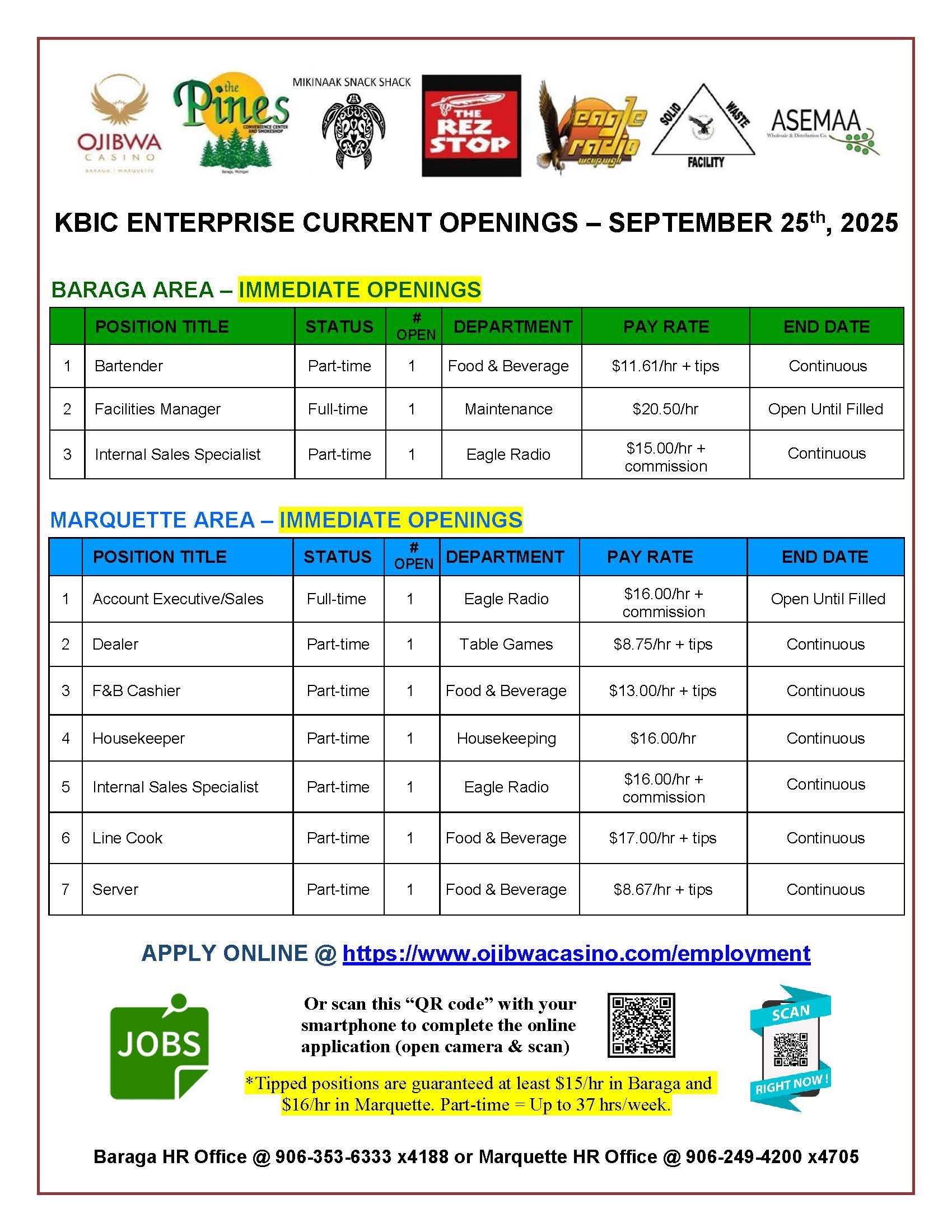 Job openings flyer for KBIC Enterprise, August 27, 2023. Lists open positions, details, and application information.