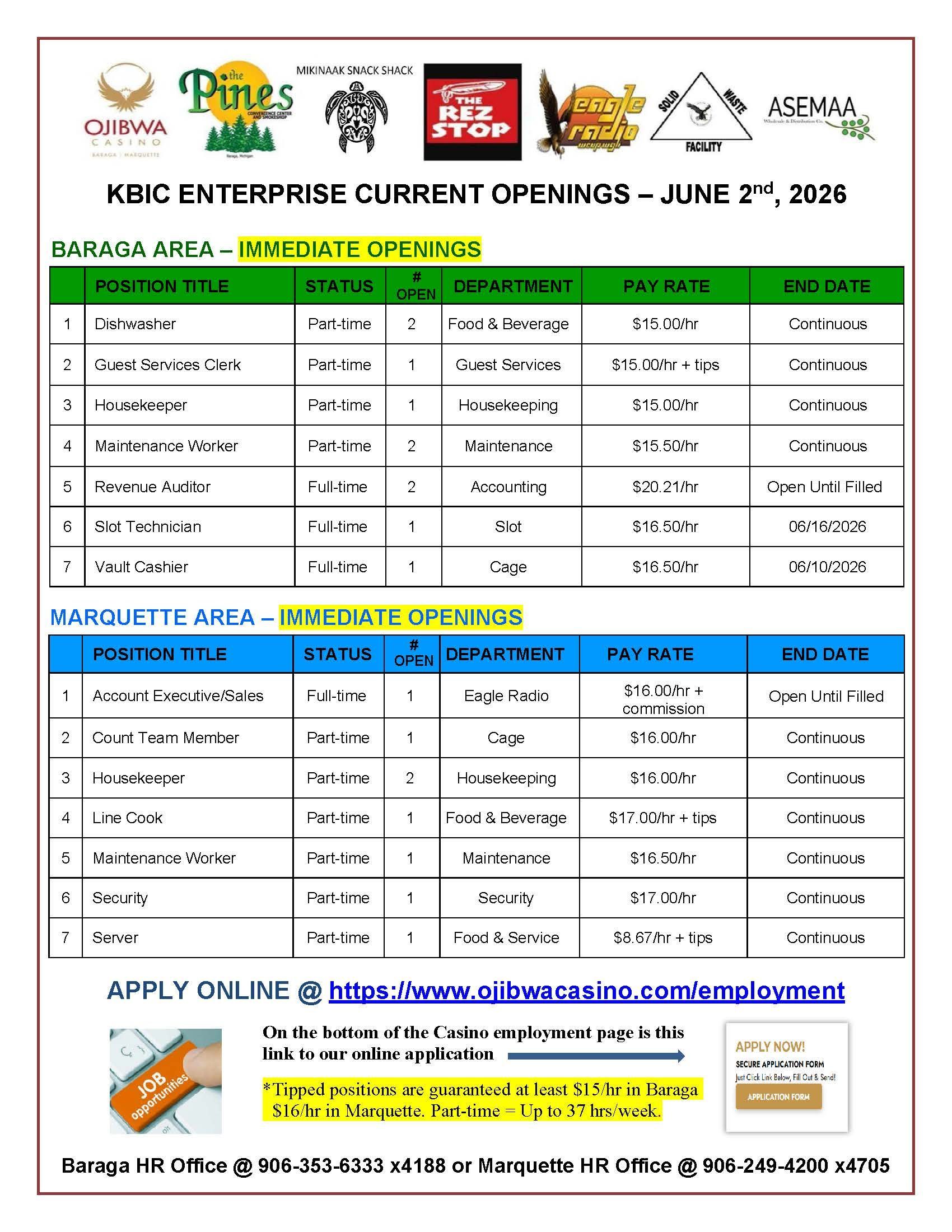 Job openings flyer for KBIC Enterprise, August 27, 2023. Lists open positions, details, and application information.