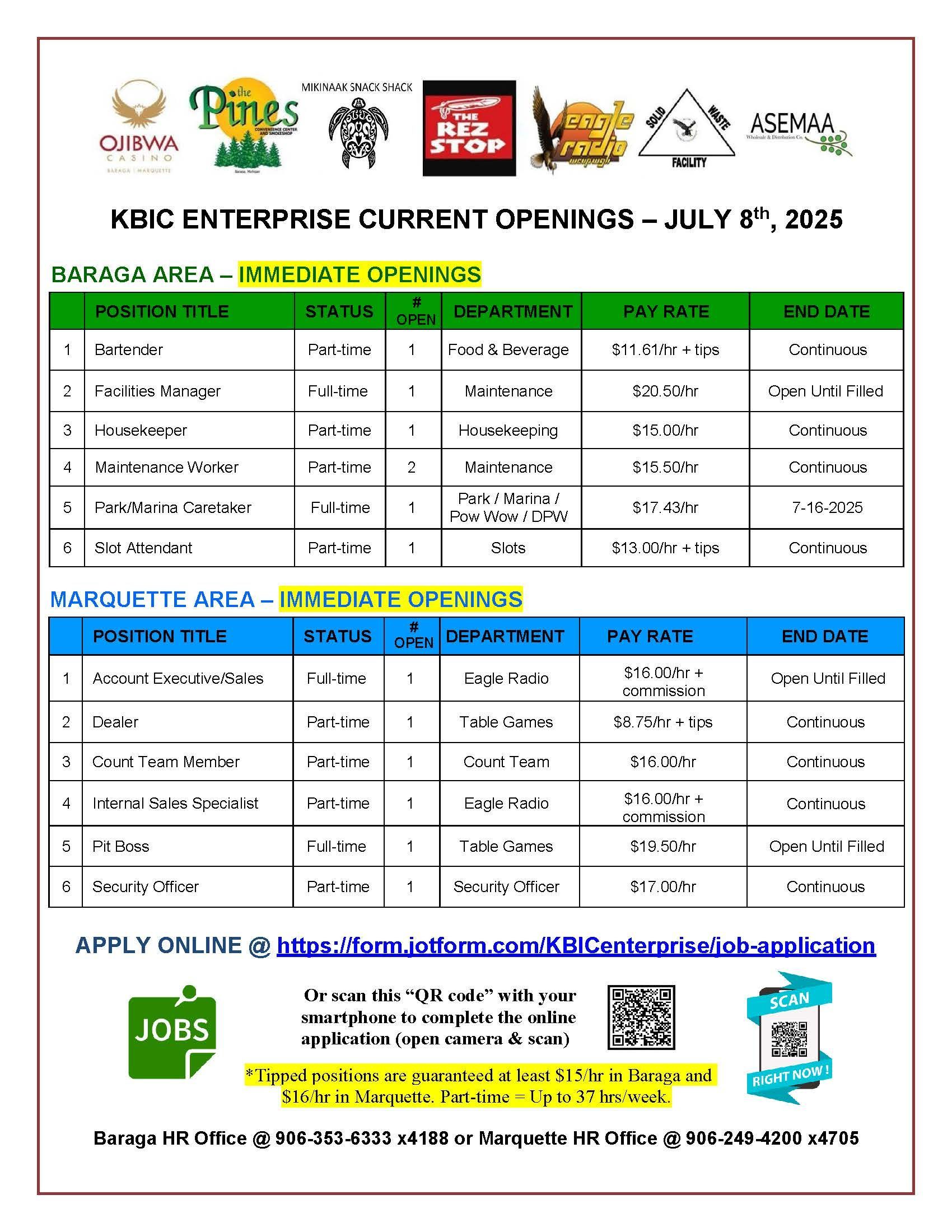 KBIC Enterprise Current Job Openings 07/02/2025