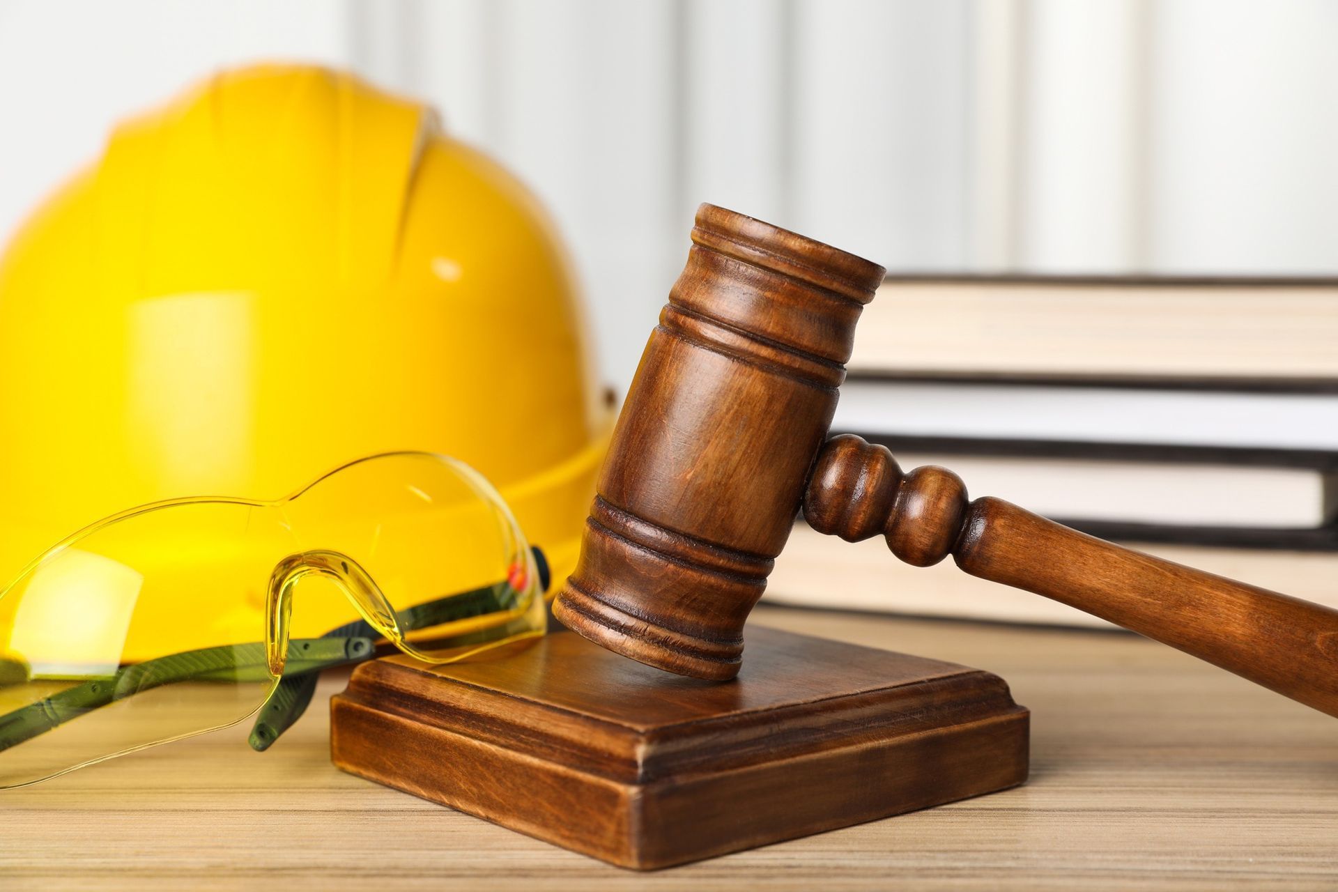Yellow hard hat, safety glasses, and judge’s gavel on a desk, symbolizing workplace safety and legal judgment