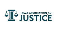 Iowa Association for Justice logo with teal scales of justice icon and teal text on white background