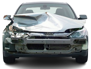 A car with a damaged hood is shown on a white background