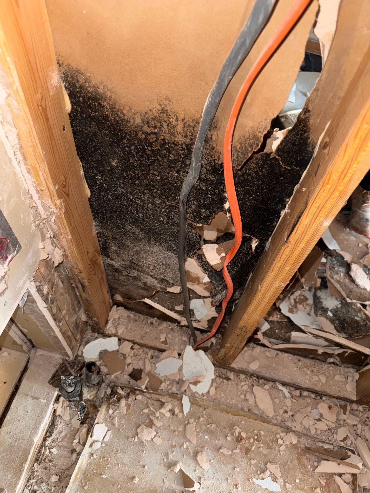 A bunch of wires are coming out of a hole in a wall.