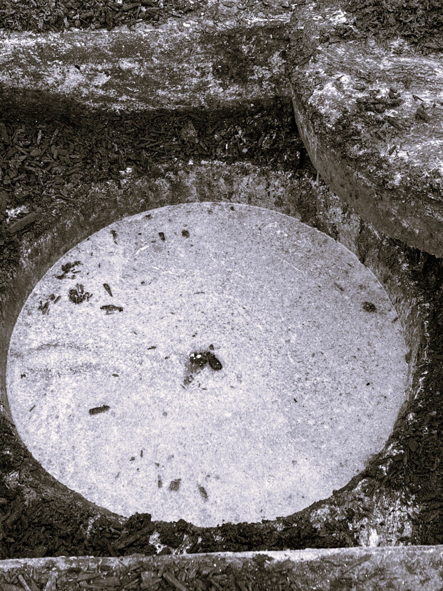 Circular, flat stone in a recess, possibly part of an old mill.