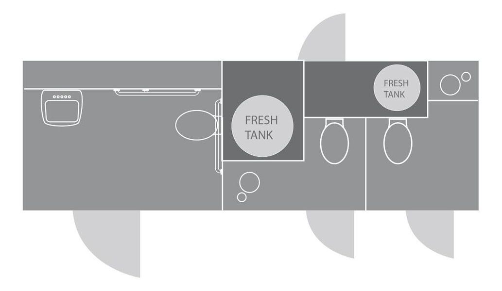 A black and white floor plan of a portable restrooms trailer