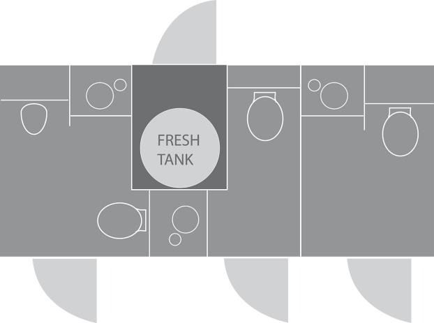 A black and white floor plan of a portable restrooms trailer