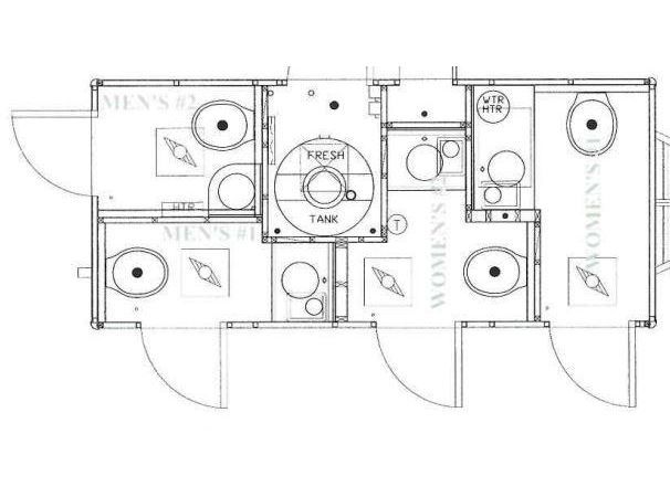 A black and white floor plan of a portable restrooms trailer