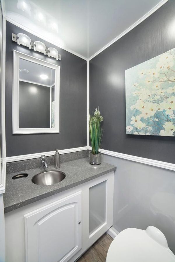 A portable bathroom with a sink, toilet, mirror and painting on the wall