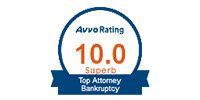 Avvo Rating 10.0 Superb. Top Attorney Bankruptcy badge, blue and white design.