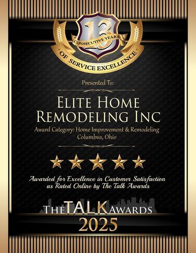 Award for Elite Home Remodeling Inc, Columbus, Ohio, for customer satisfaction in 2025, from The Talk Awards.
