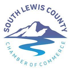 South Lewis County Chamber of Commerce logo: mountain, river, blue and white circular design.