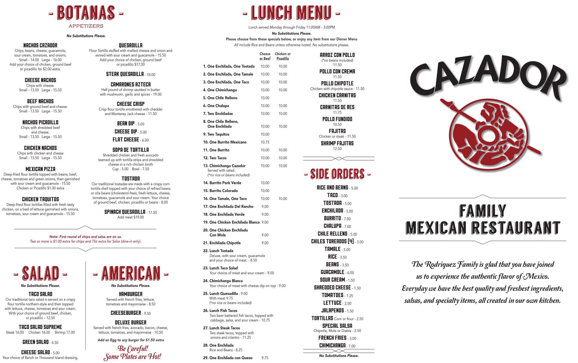 Menu of Cazador Mexican Restaurant