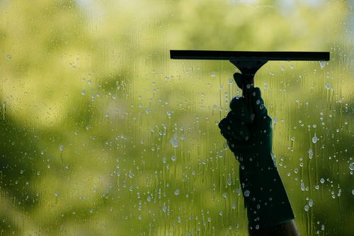 A hand uses a squeegee to clean a rain-speckled glass window against a blurred green background