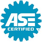 Blue and white ASE Certified logo: letters ASE within a gear-shaped border.