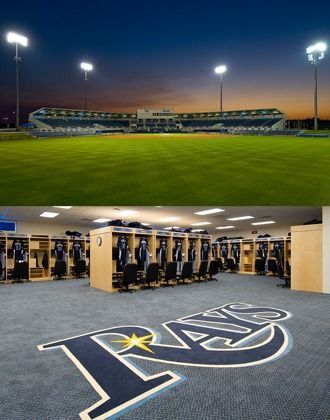 Stadium at dusk above a modern gym with navy-and-gold “RA” logo carpet and weight room racks