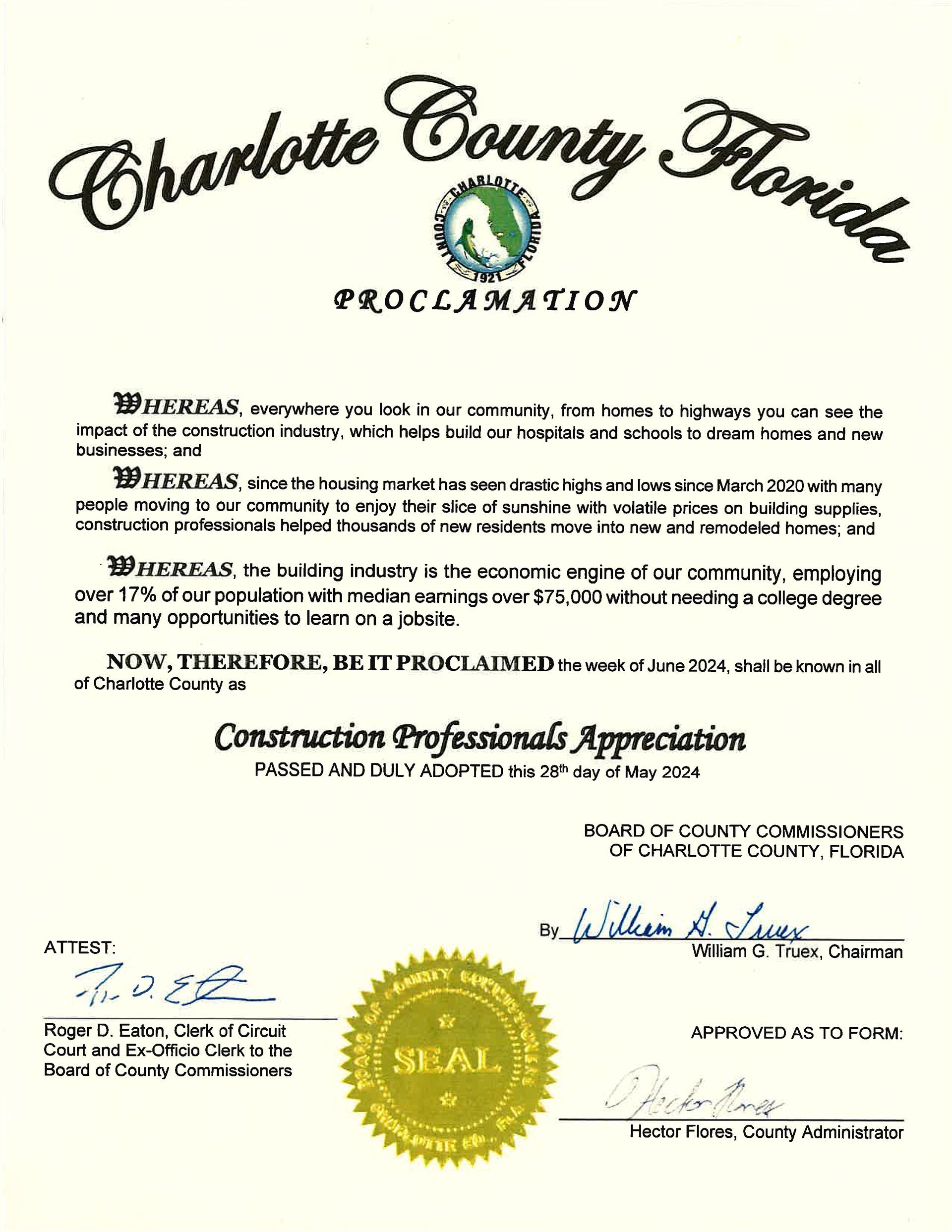 A Charlotte County Florida proclamation with a seal on it