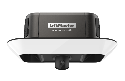 LiftMaster garage door opener with a built-in camera, dark grey and white.